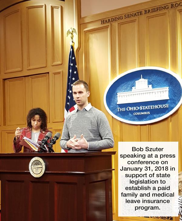Bob Szuter speaking at a press conference on January 31, 2018 in support of state legislation to establish a paid family and medical leave insurance program.